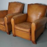 Pair of French Cognac Moustache Back Leather Club Chairs, 1950s