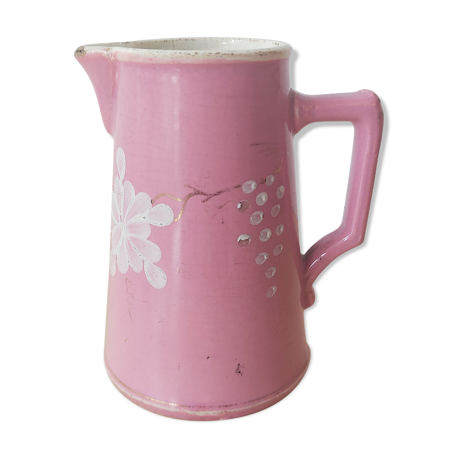 Vase pichet rose Sarreguemines peint à la main vers 1900