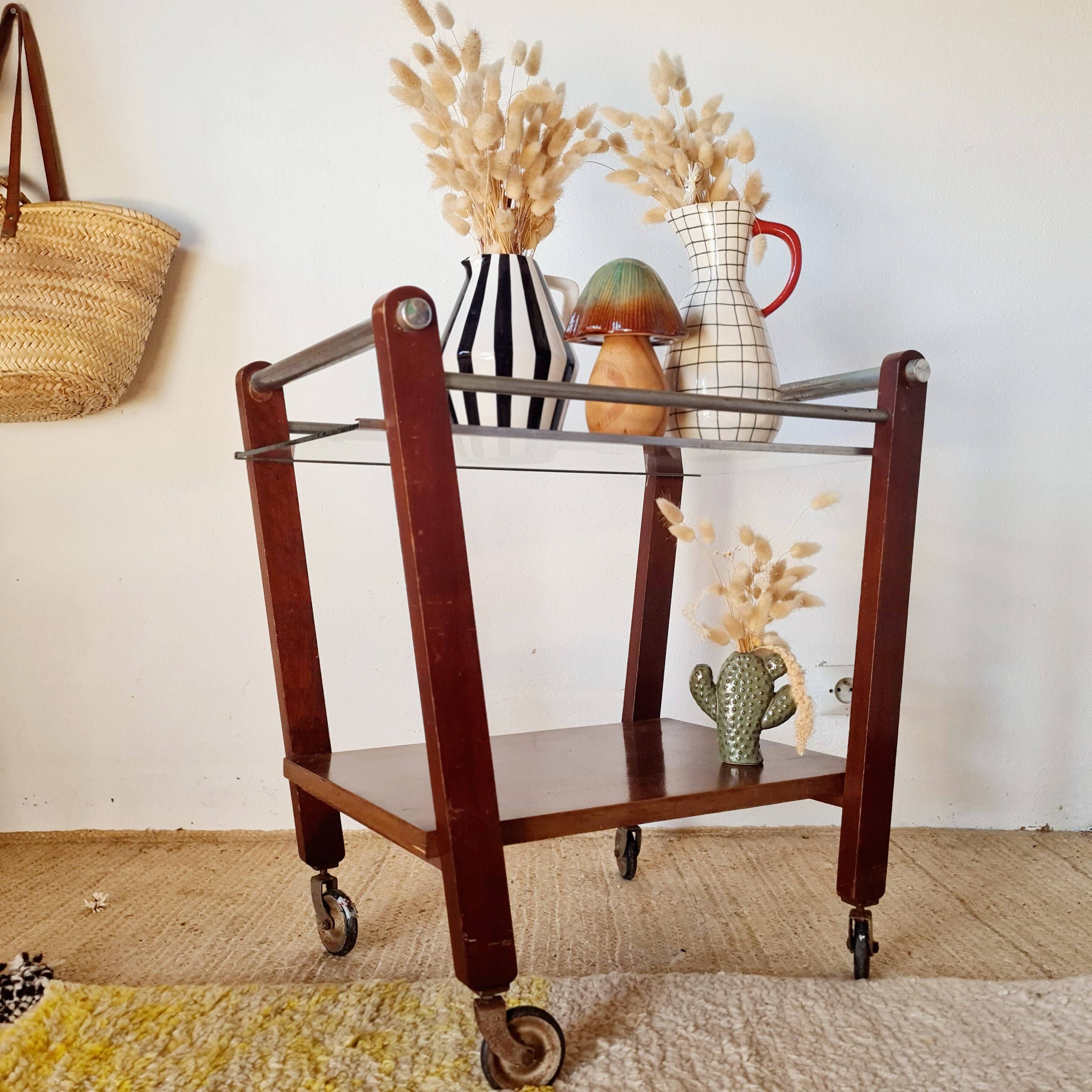 Vintage wooden and metal side table | Retro rolling cart