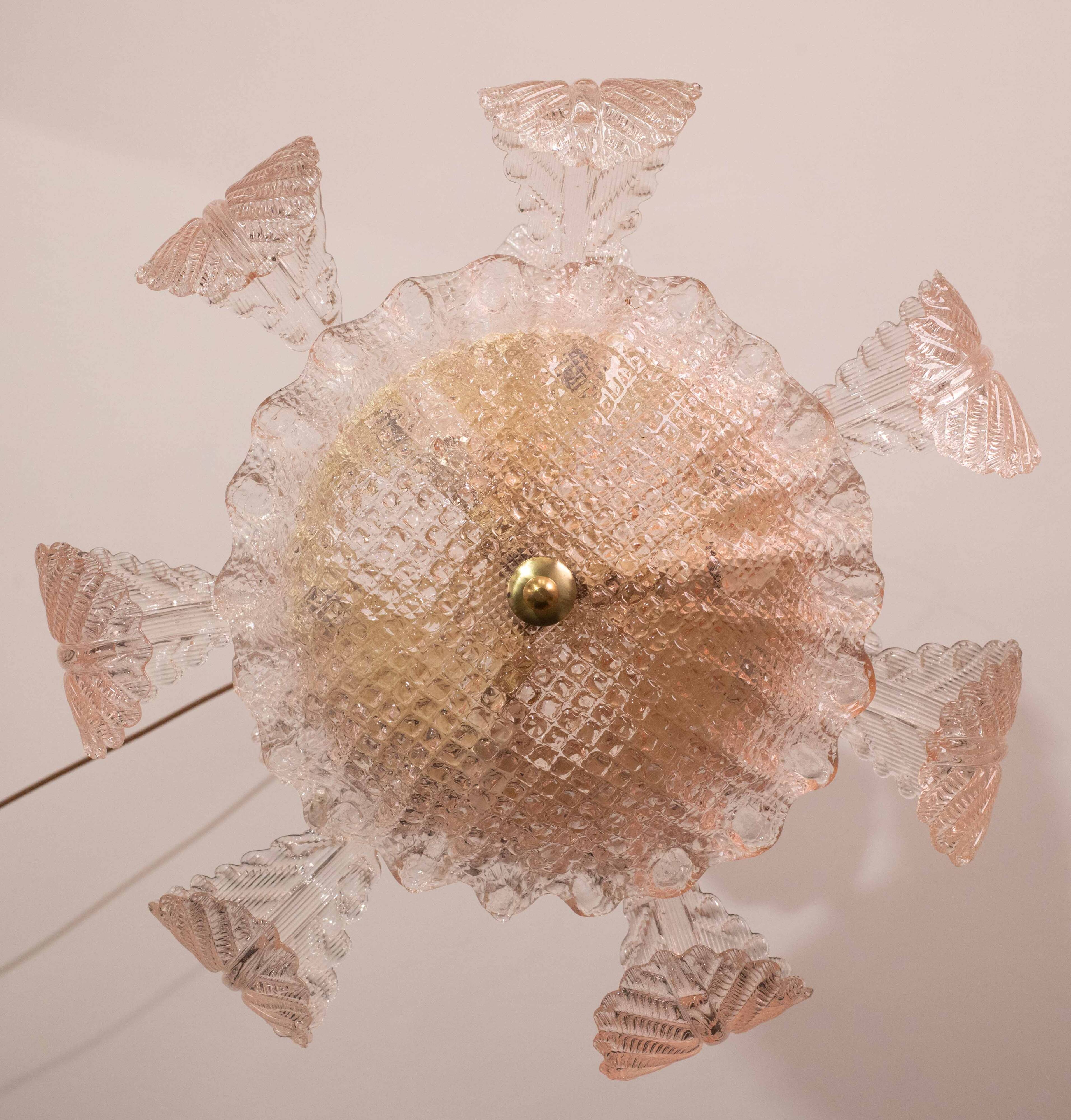 Pink Art Decò Barovier e Toso Chandelier, Murano Glass, 1950s