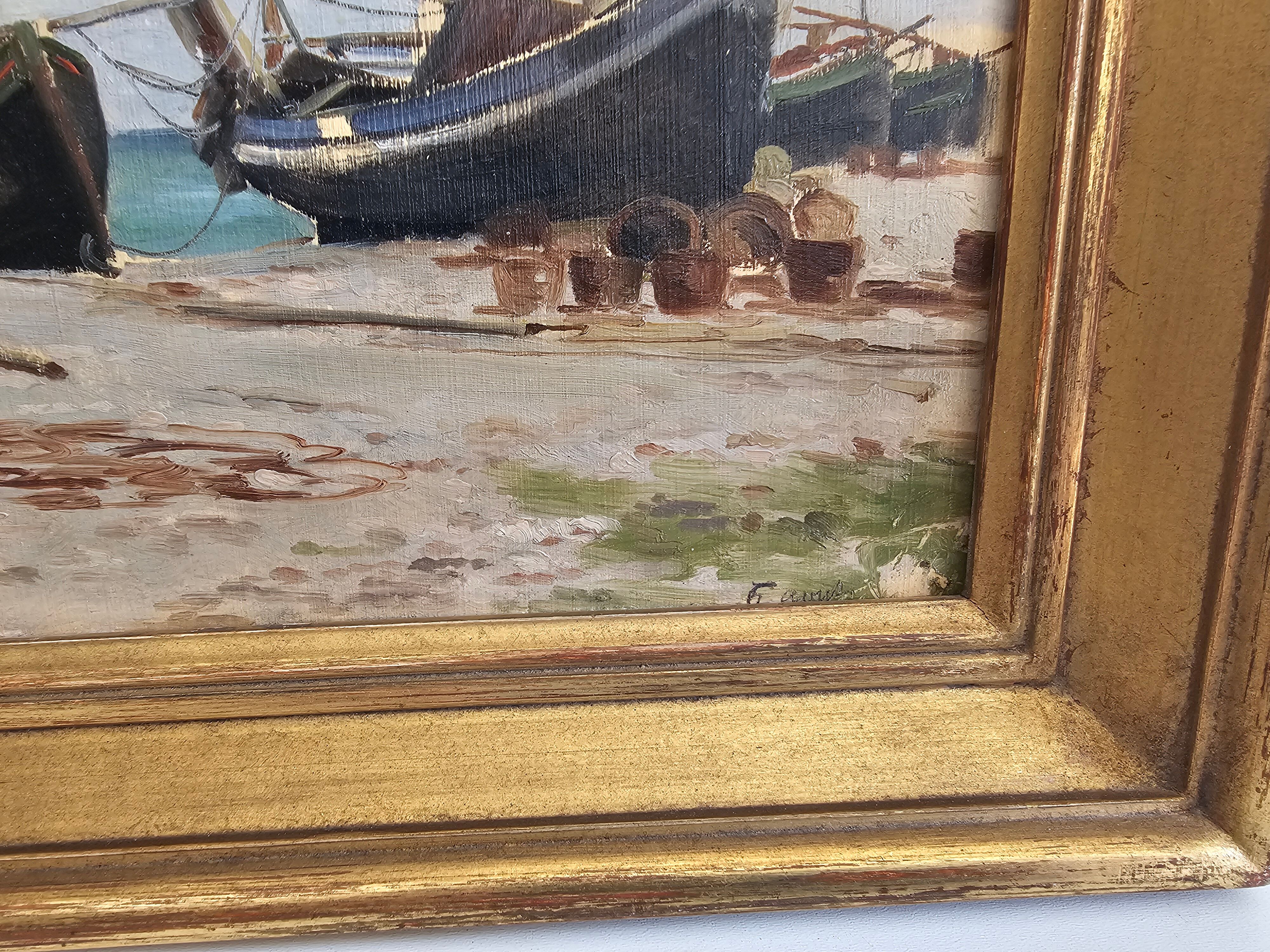 Oil on Panel - Marine Boats on Beach signed (to be identified)