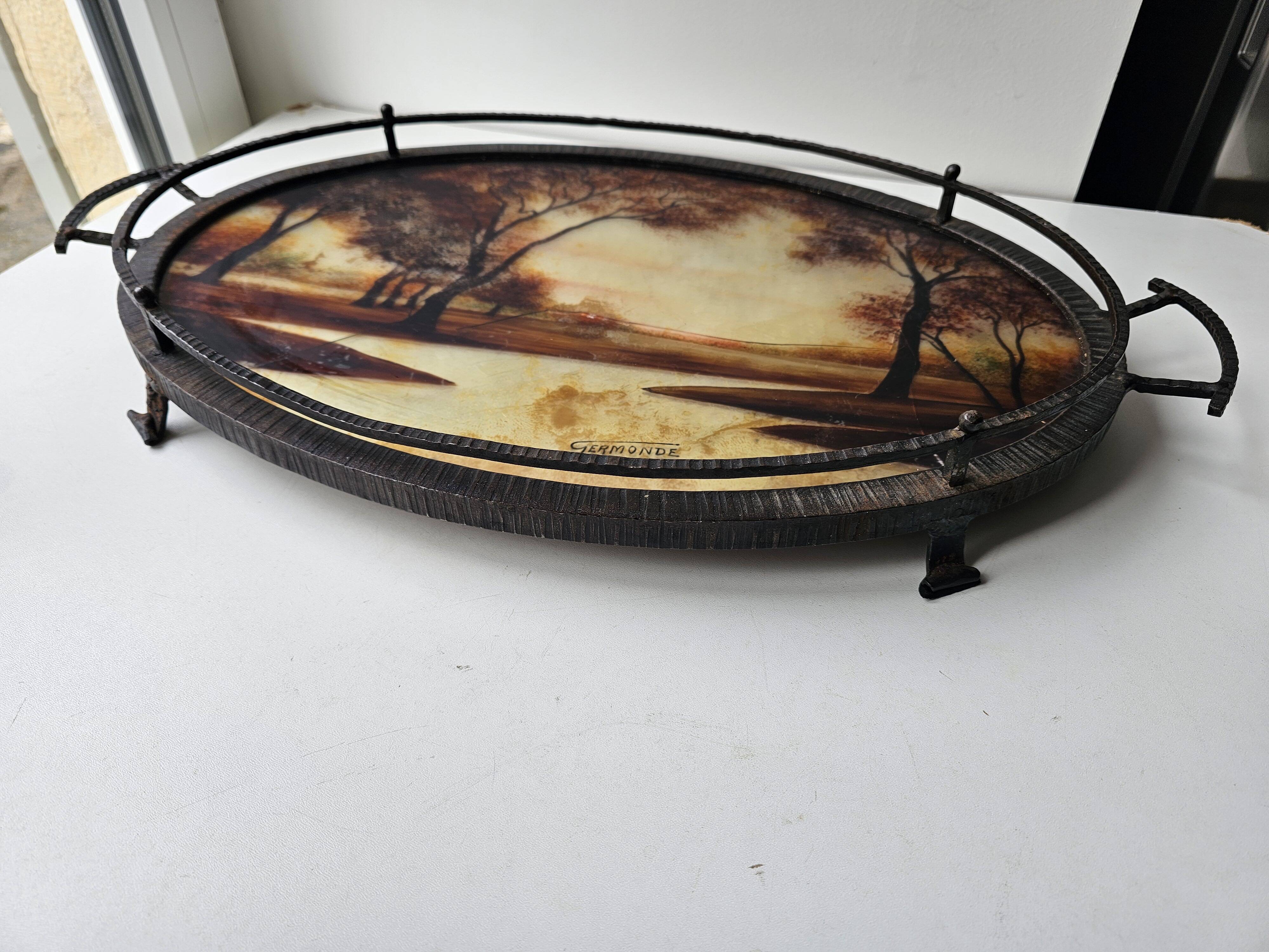 Wrought iron serving tray, Art Nouveau style, Art Deco period, Signed GERMON