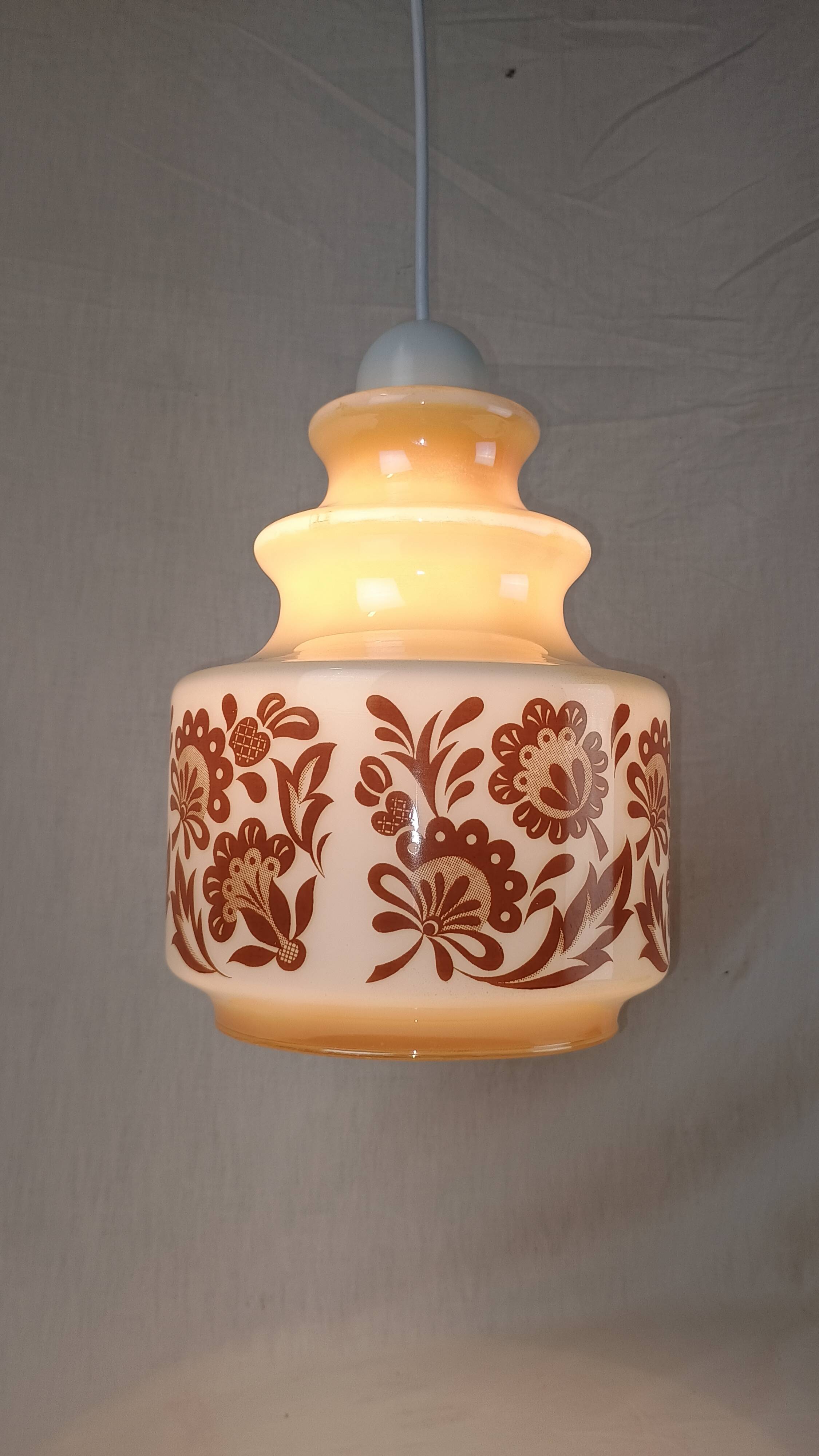 Venini Vintage Murano Glass Pendant Light, White and Brown Floral Design, 1950s