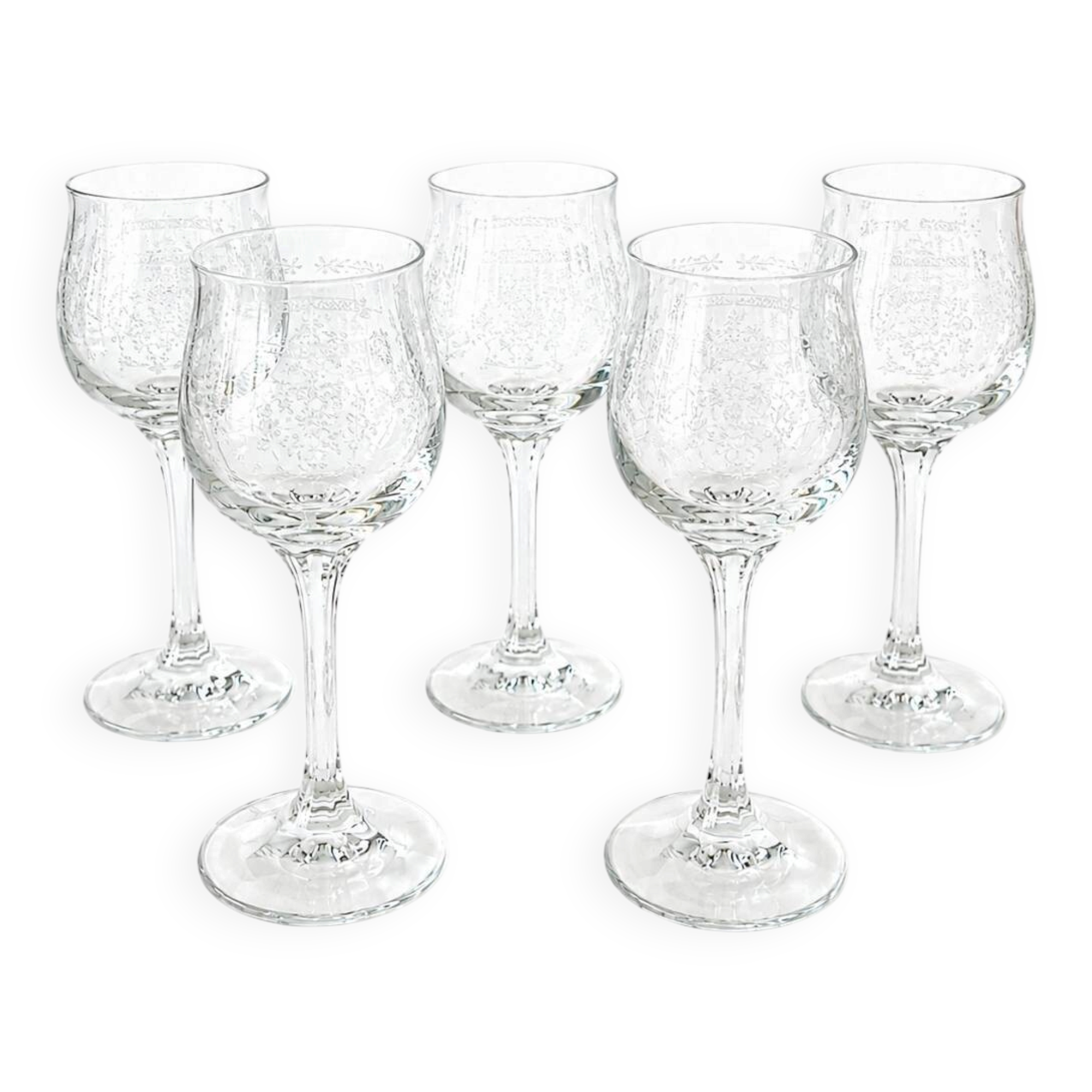 Lot 5 Footed glasses in transparent crystal with screen printing