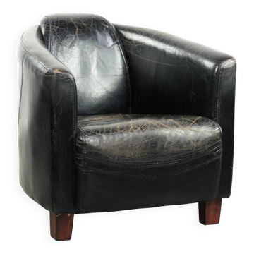 Cowhide aviator armchair in sturdy black vintage cowhide with a rich patina