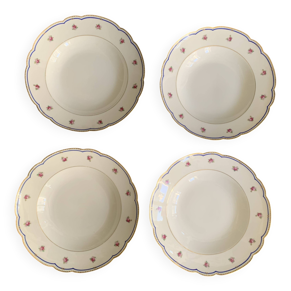 4 assiettes creuses en porcelaine de Paris, Modèle ''A la Reine'', 1890, Damo