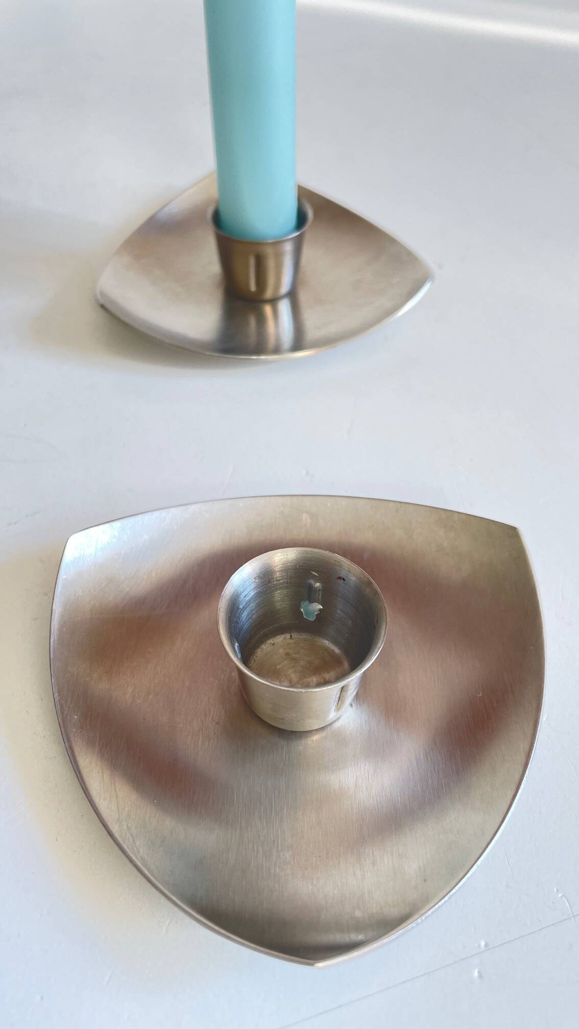 Vintage brushed metal geometric candle holders