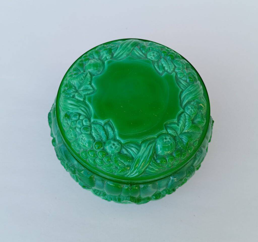 Bohemian handmade malachite glass candy dish or jewelry box.