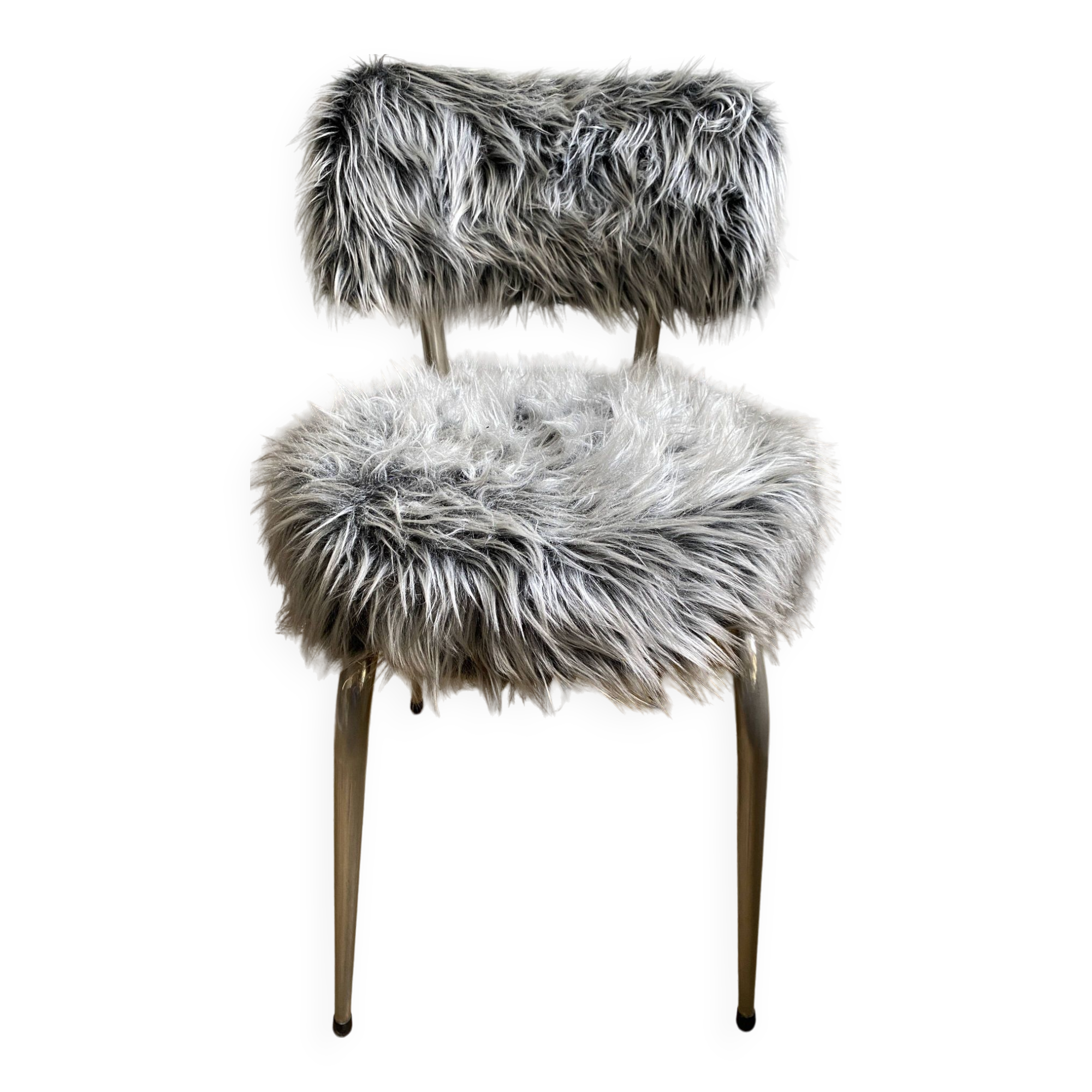Vintage chair, gray long-haired synthetic fur