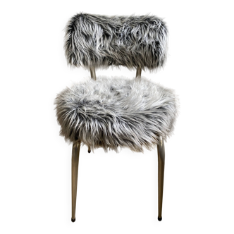 Vintage chair, gray long-haired synthetic fur