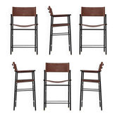 Set of 6 Bar Stools with Back Dark Brown Leather and Black Coated Metal
