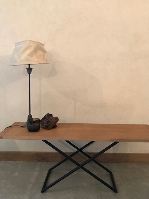 Wooden coffee table metal base