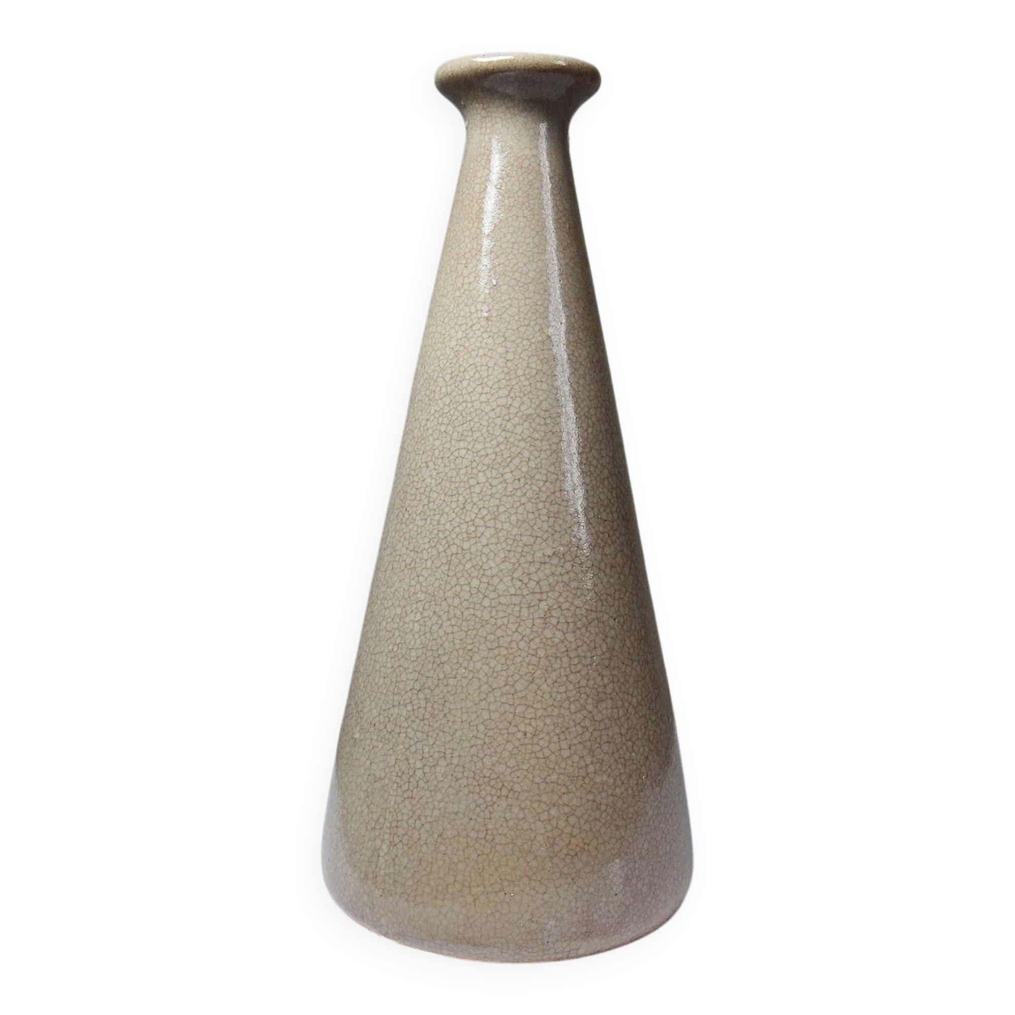 Art Deco conical vase in crackled beige earthenware, circa 1930-1950.