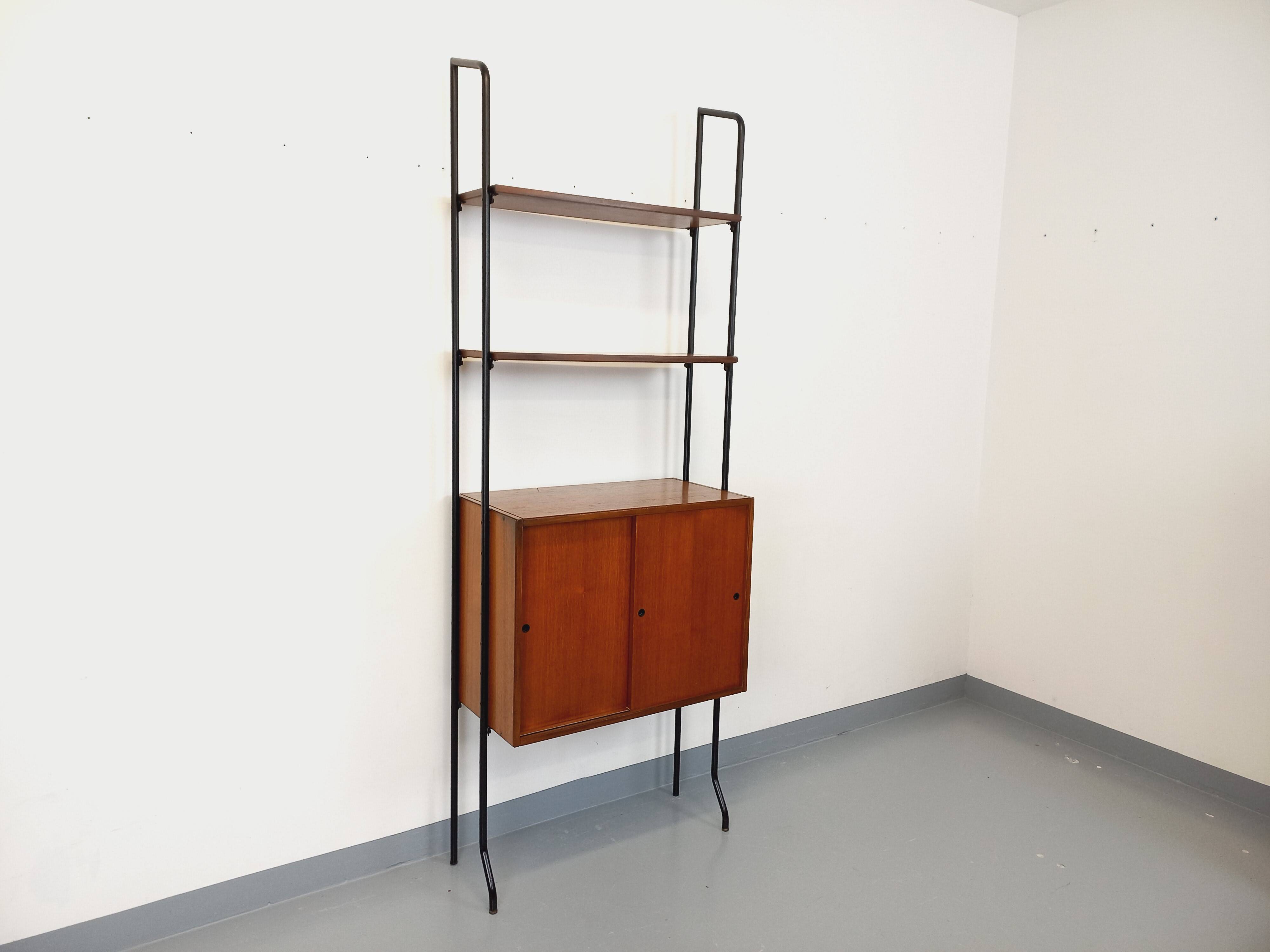 Vintage Italian modular shelving unit in teak and metal from the 1970s