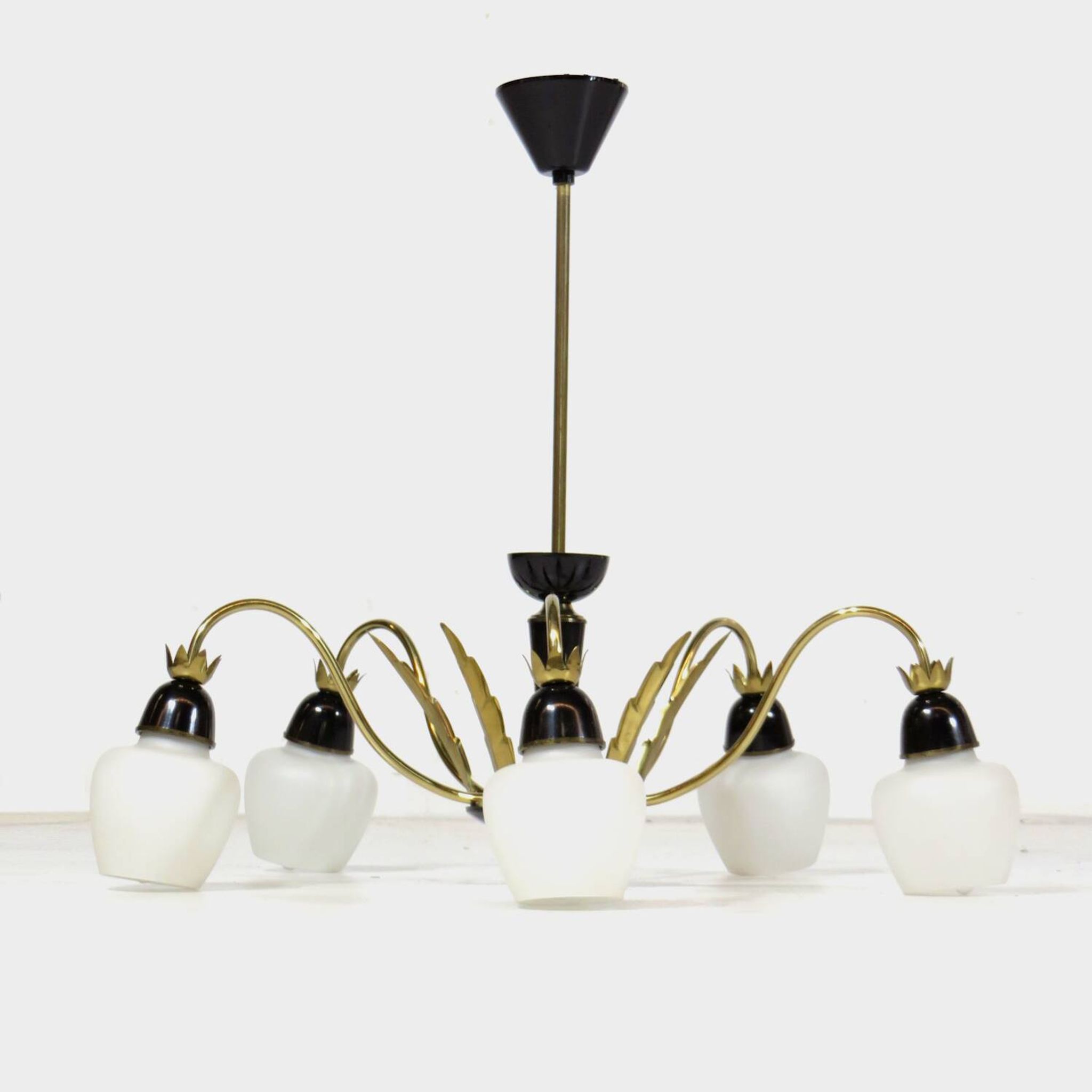 Vintage mid century chandelier in brass and opaline glass, 1960s