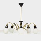 Lustre vintage du milieu du siècle en laiton et verre opalin, années 1960