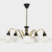 Vintage mid century chandelier in brass and opaline glass, 1960s