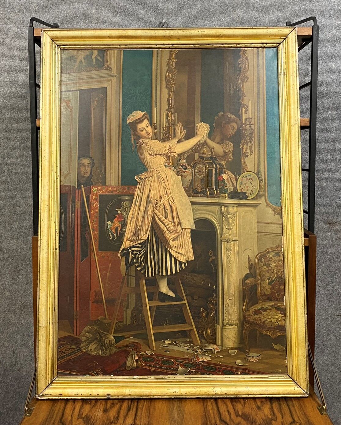 Color chromolithography painting depicting an interior scene circa 1880