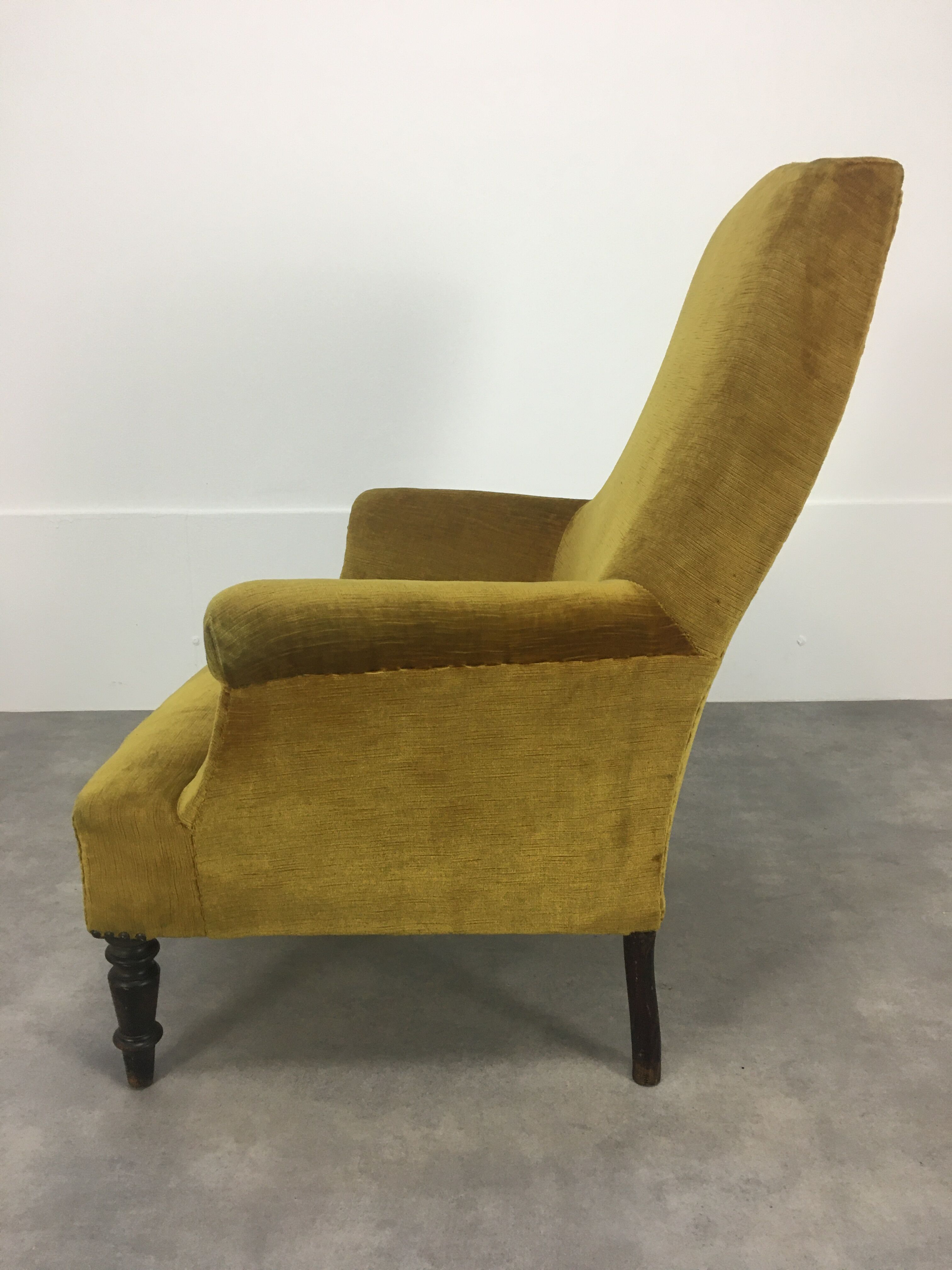 English armchair Napoleon III in mustard yellow velvet
