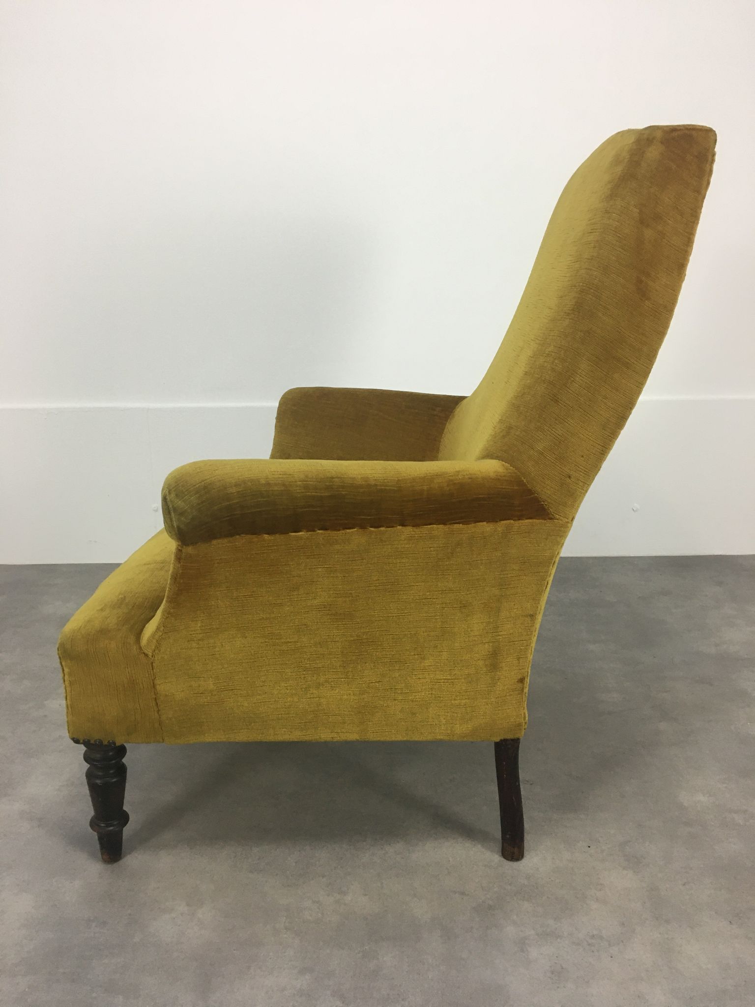 English armchair Napoleon III in mustard yellow velvet
