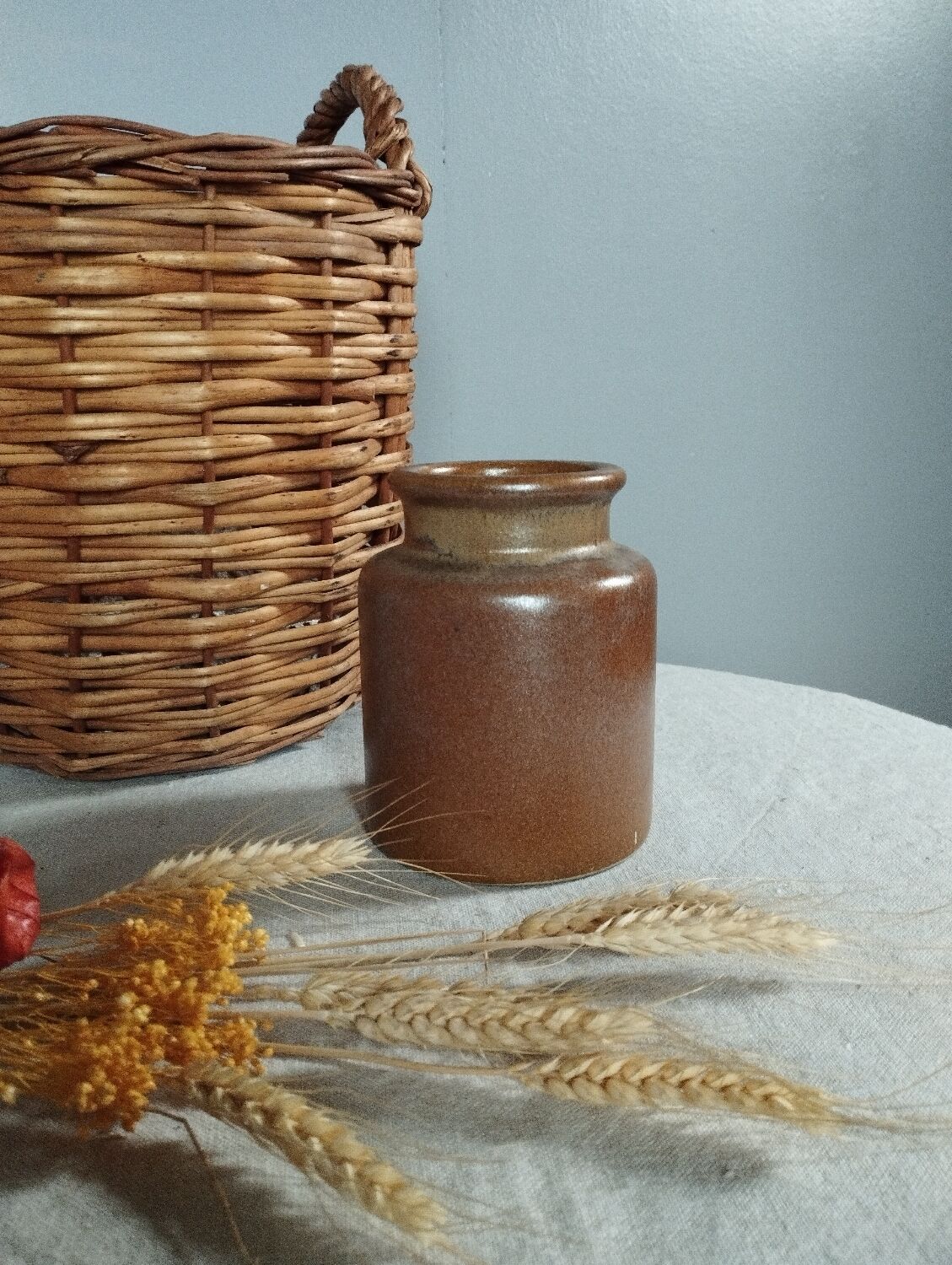 Stoneware pottery duo, bottle + pot, 1950's