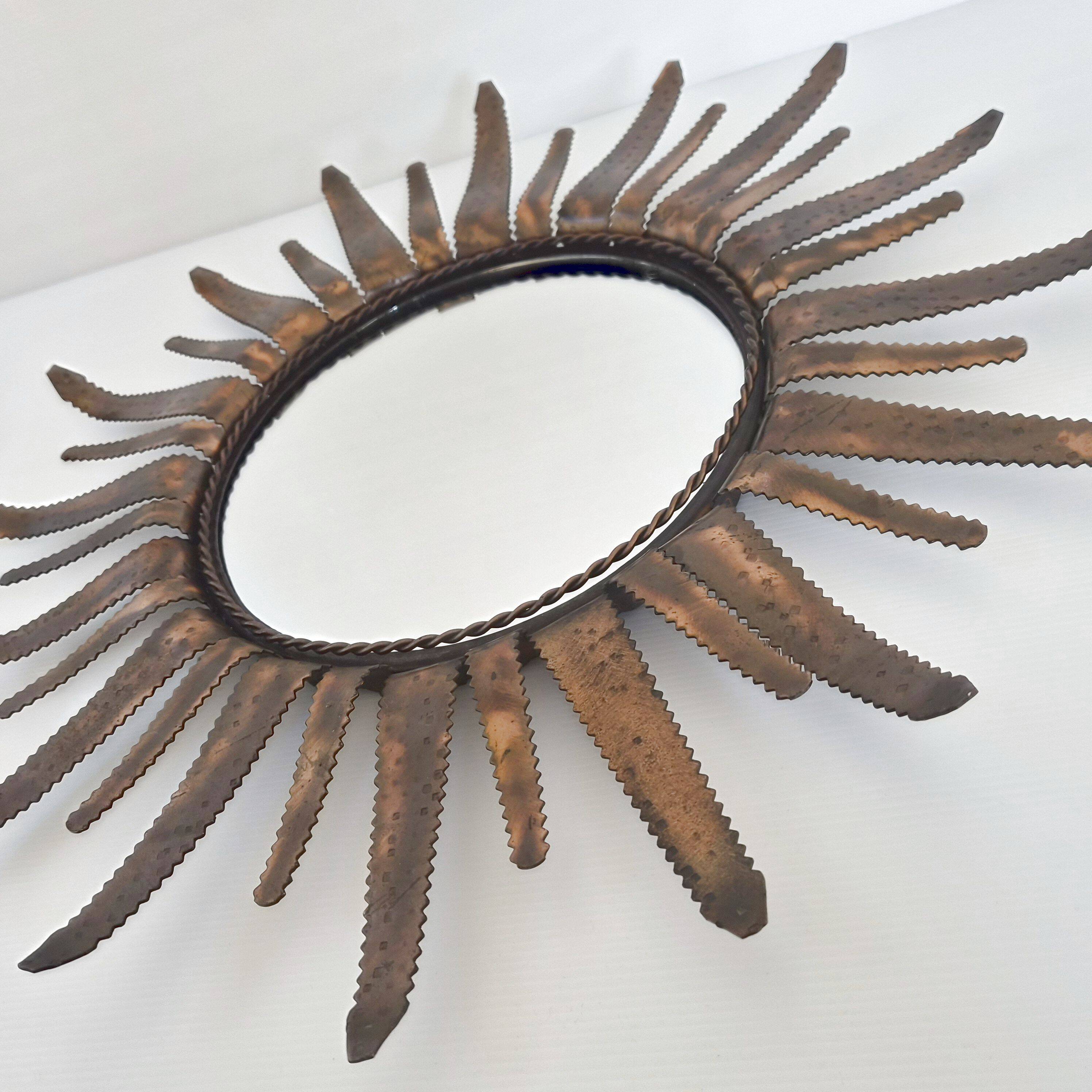 Sunburst mirror vintage 1960 in golden copper metal 50s brutalist 1960s