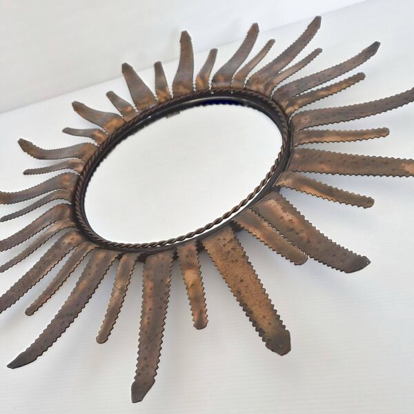 Miroir soleil sunburst vintage 1960 en metal cuivre dore 50s brutaliste 1960s