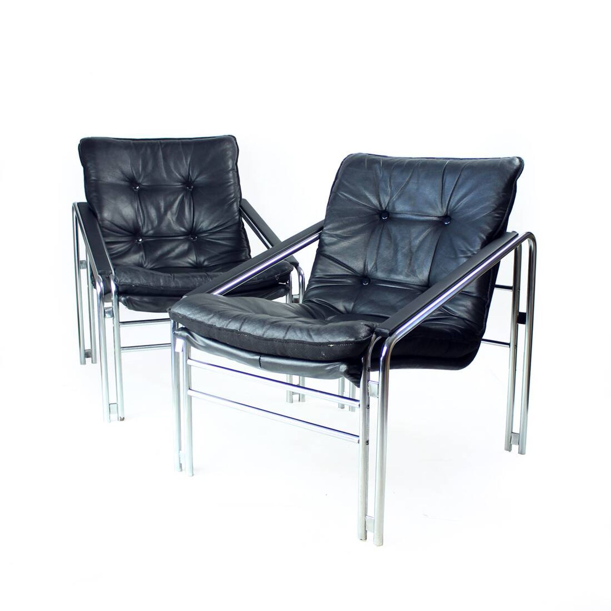 Mid Century Lounge Chairs In Chrome And Faux Leather, Czechoslovakia 1960s, Set Of 2