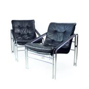 Mid Century Lounge Chairs In Chrome And Faux Leather, Czechoslovakia 1960s, Set Of 2