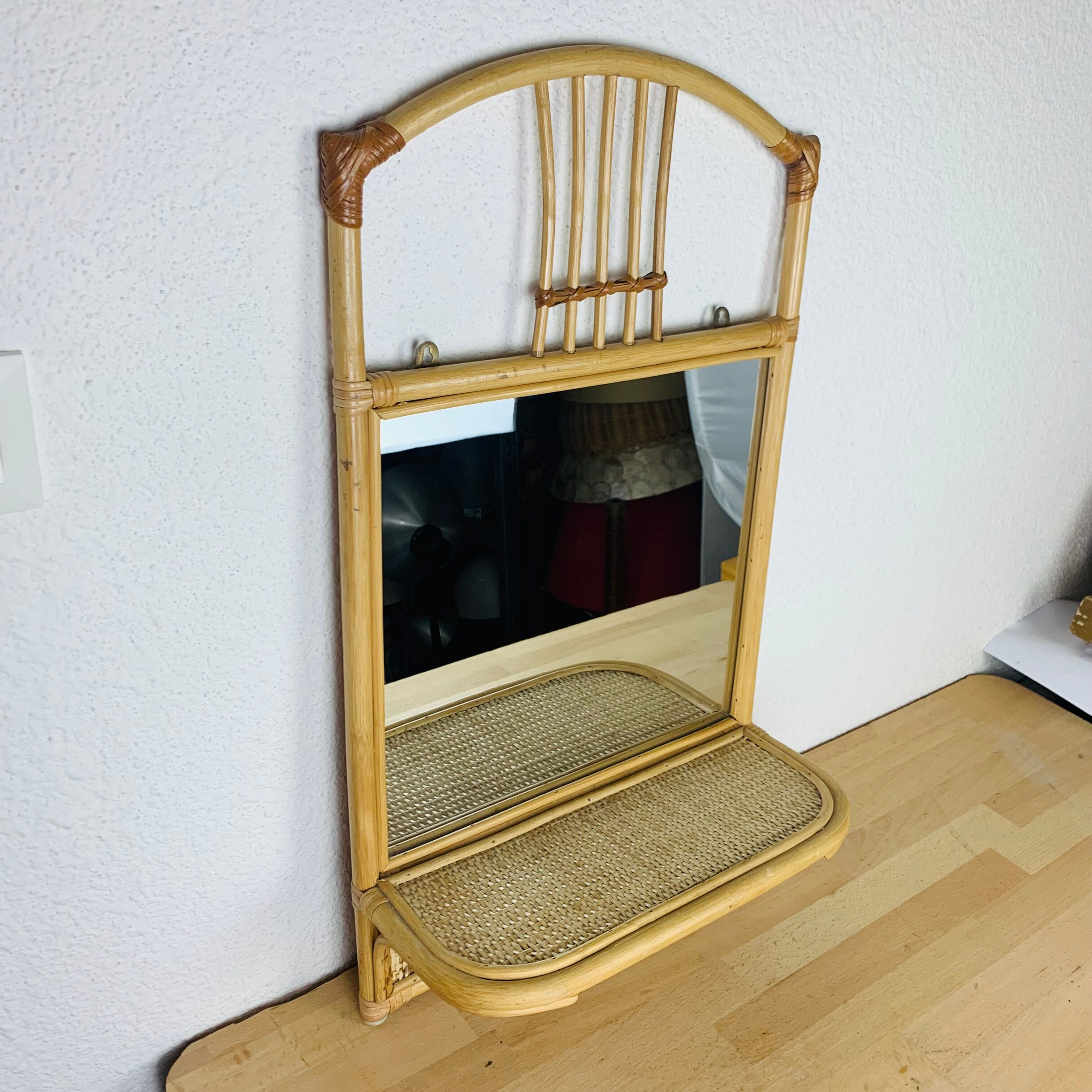 Miroir rotin avec tablette vintage années 60