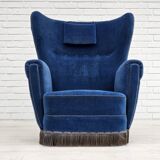 Années 1960, fauteuil relax danois à dossier haut, état d'origine, meuble en velours bleu.