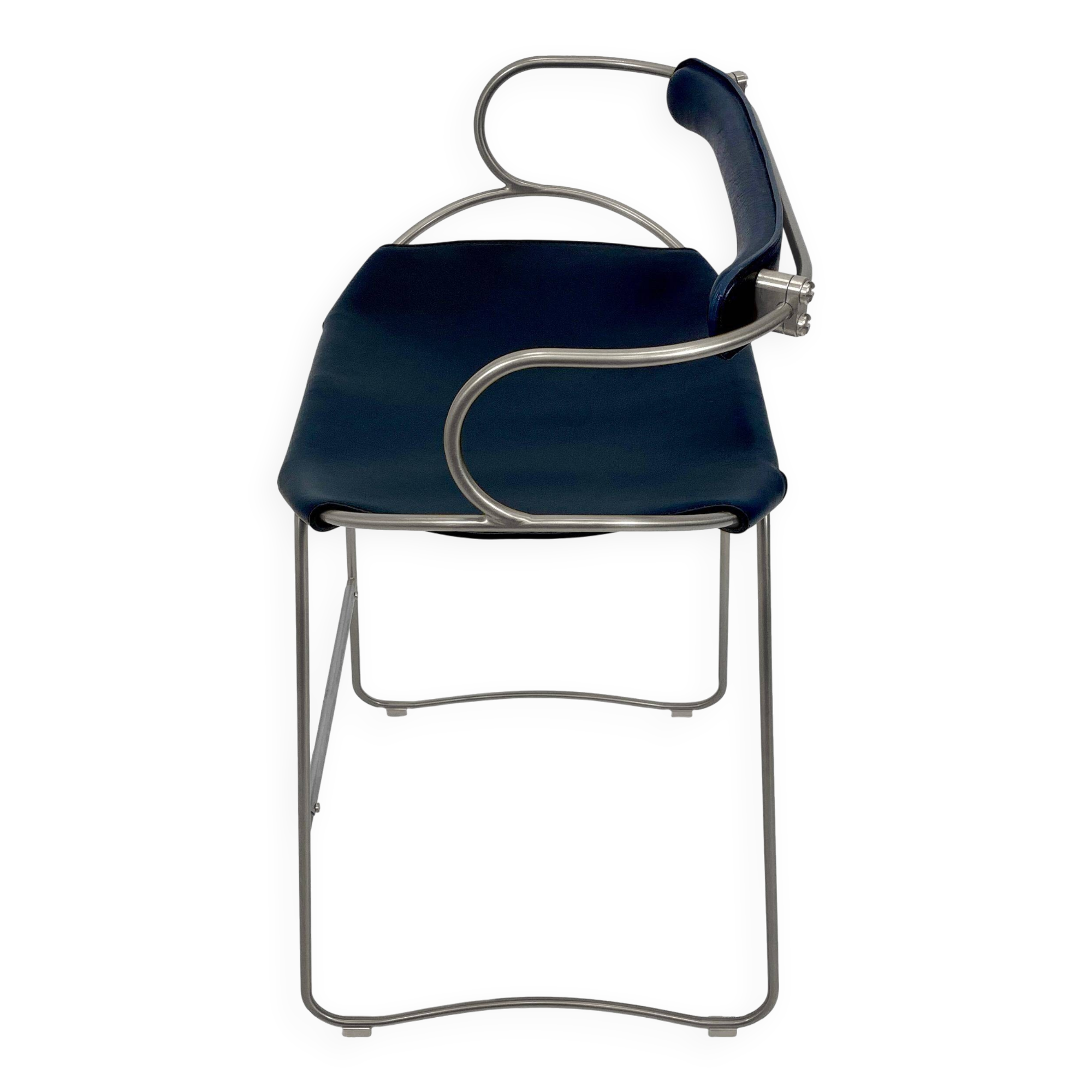 Kitchen bar stool with a weathered silver metal backrest and navy blue leather.