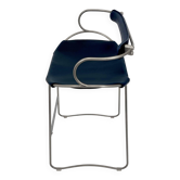 Tabouret de bar de cuisine avec dossier en métal argent vieilli et cuir bleu marine