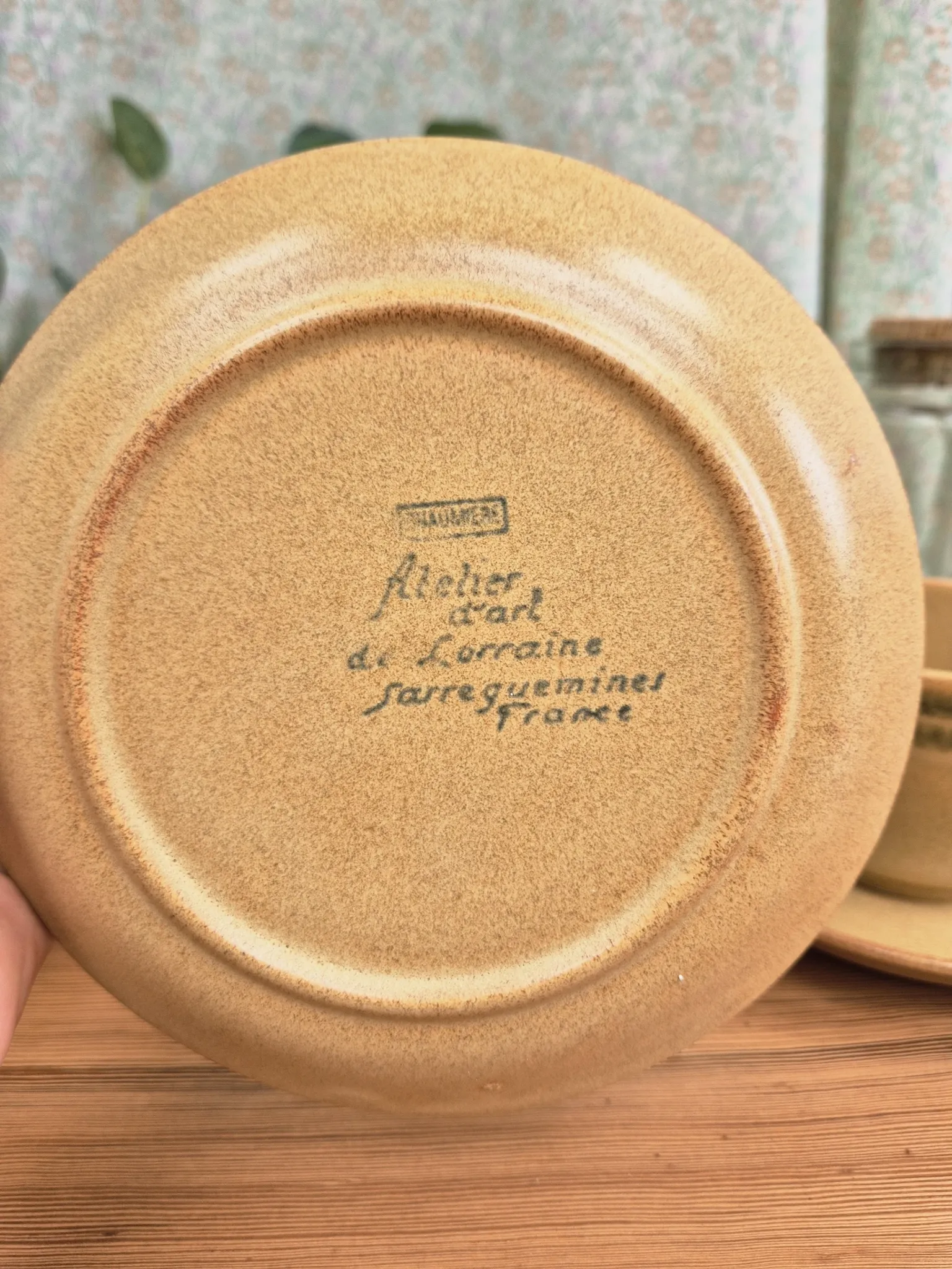 Two vintage Sarreguemines stoneware breakfast cups.