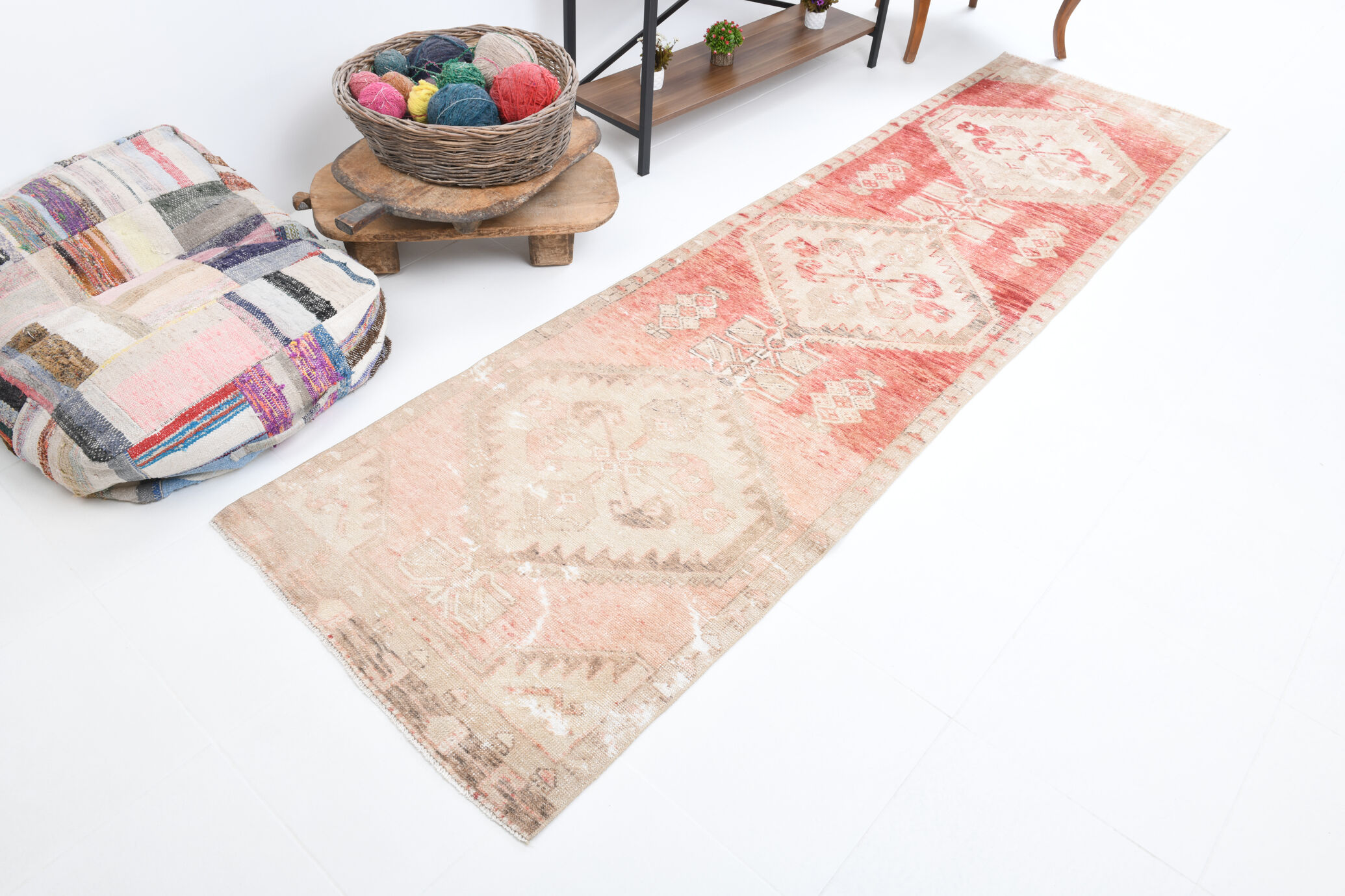 Faded red and beige vintage runner rug 322x85cm