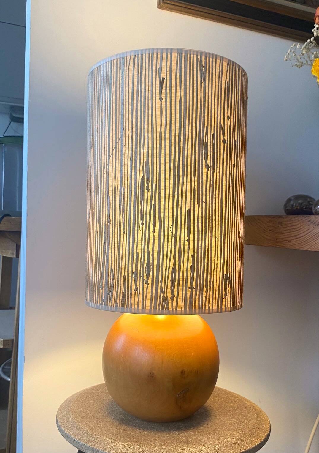 Solid wood lamp with handmade lampshade, 1970
