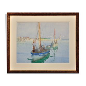 Aquarelle, Port de Honfleur, Normandie, William Lee Hankey 1869-1952.