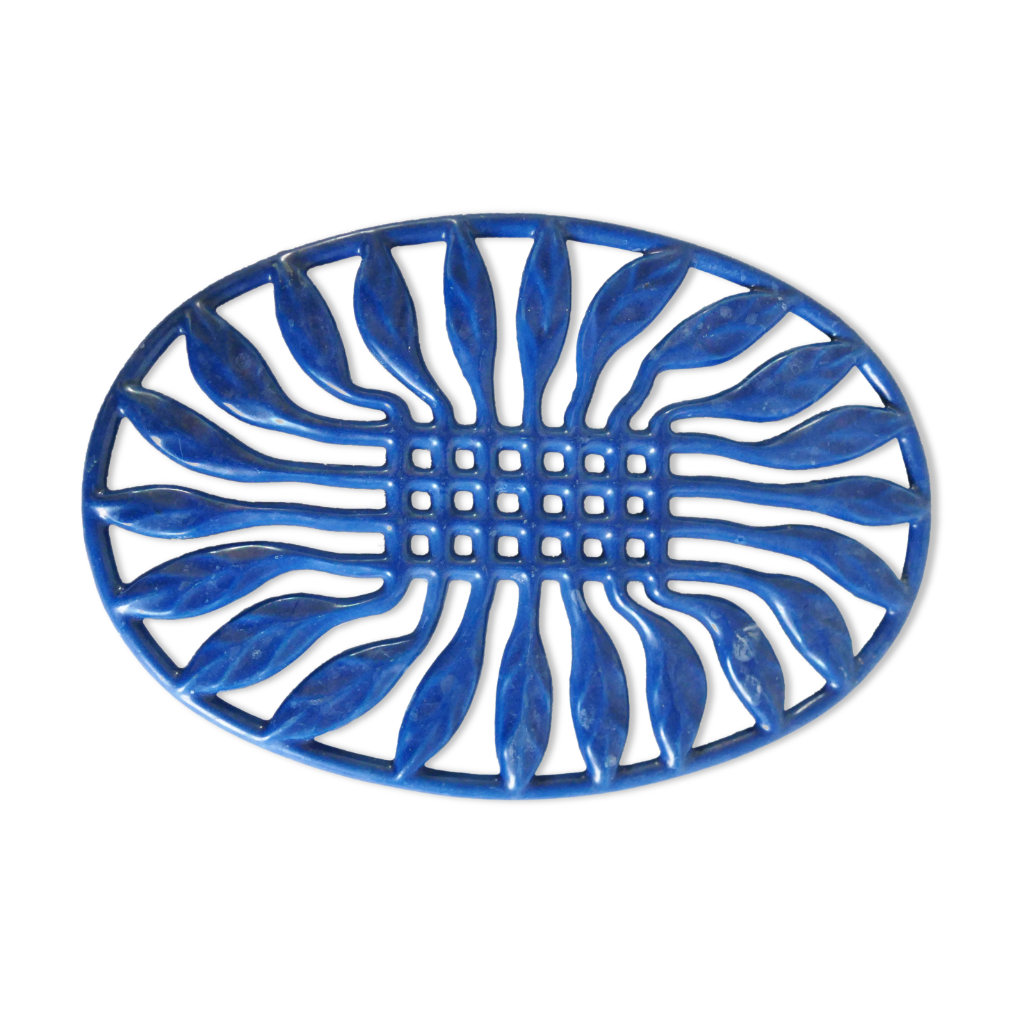 Old French blue enamelled cast iron underside