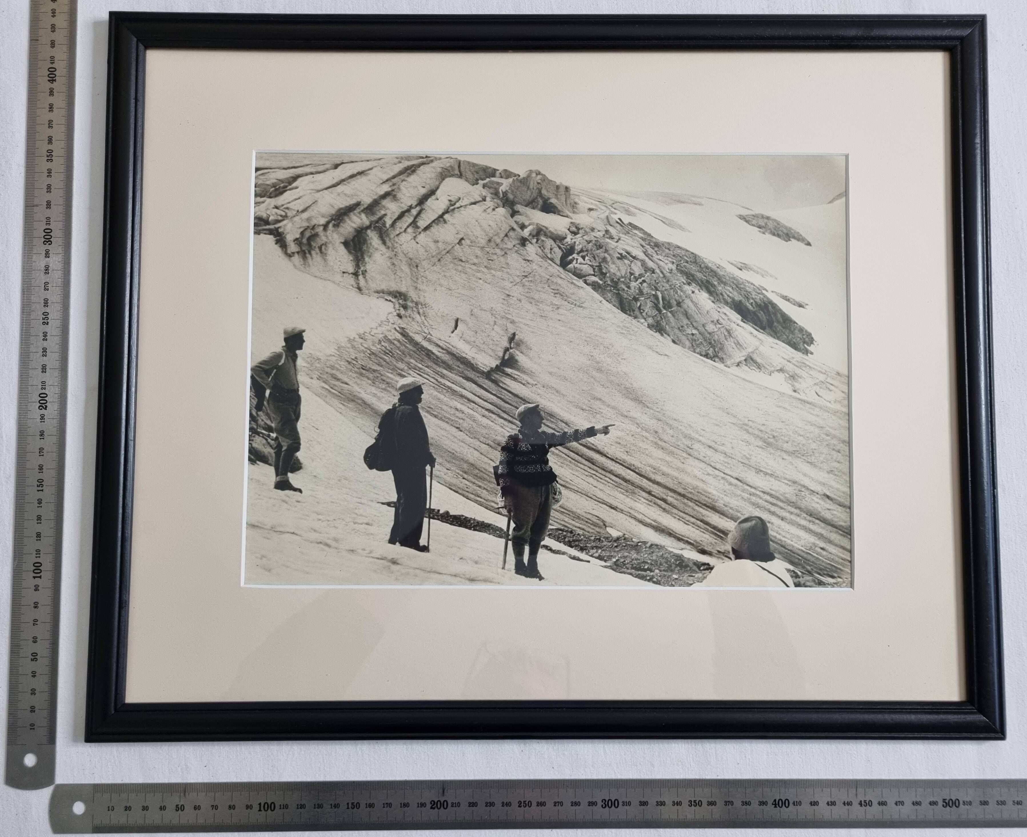 Vintage silver print of an alpine glacier and mountaineers, framed, 53x43 cm