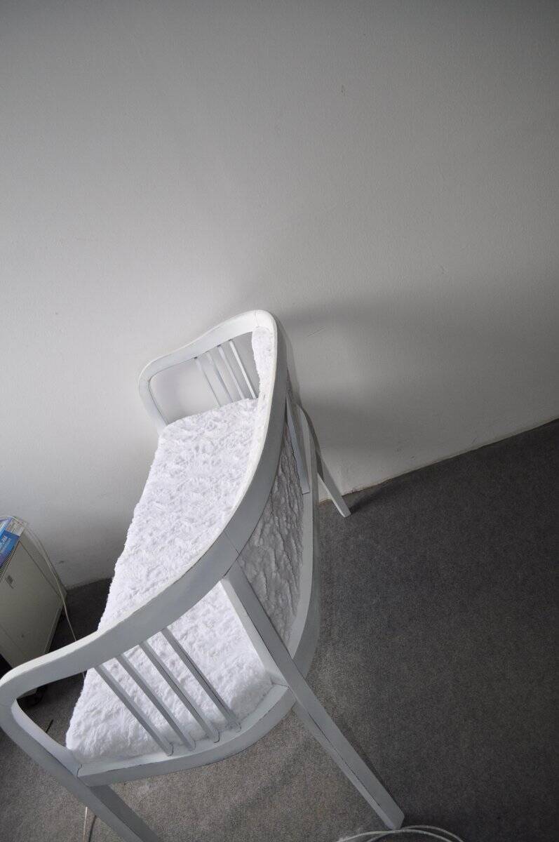 Art Nouveau bench in painted white wood and faux fur fabric, 1940s, 2-seater.