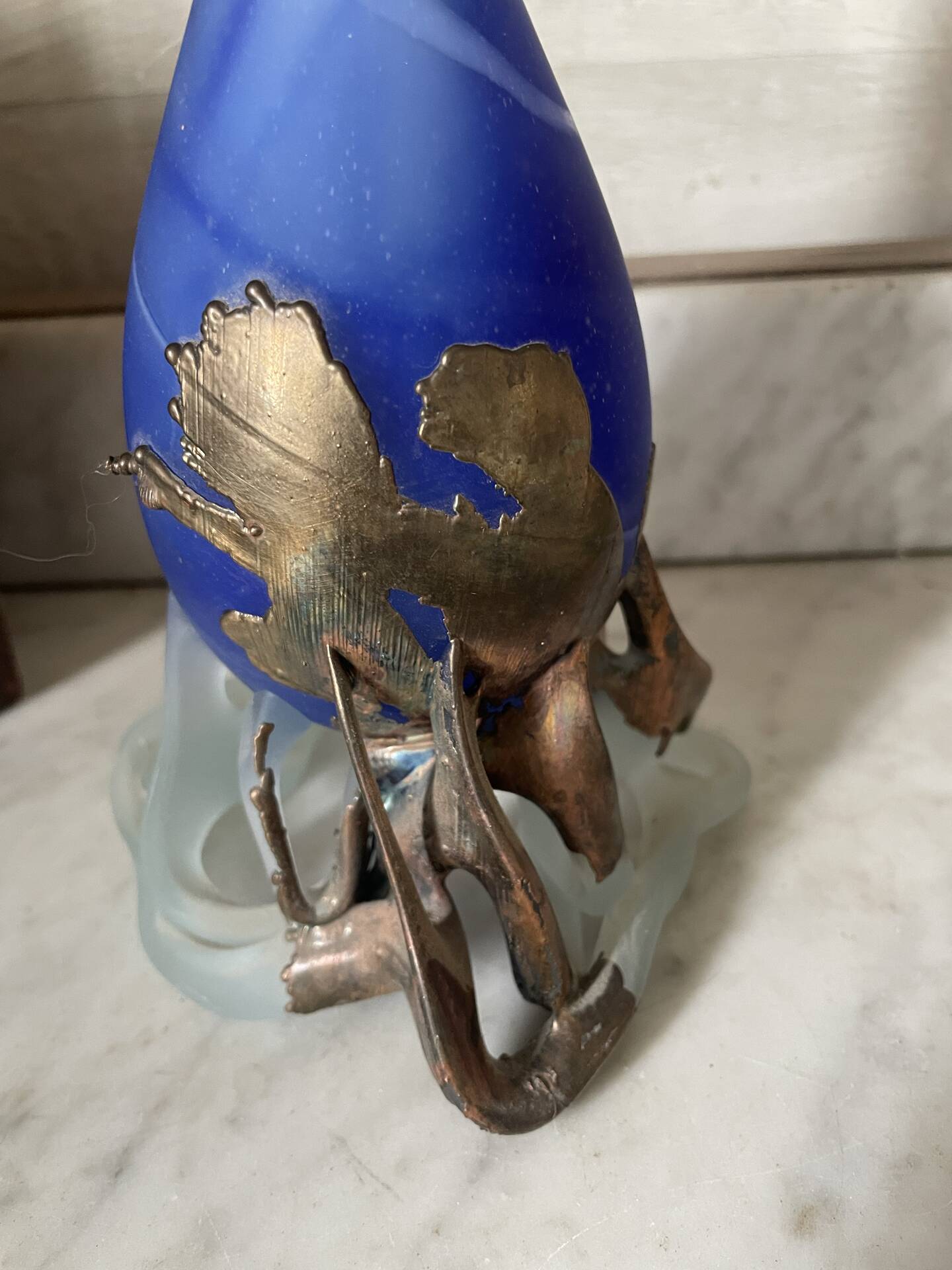 glass paste vase signed, bronze mount