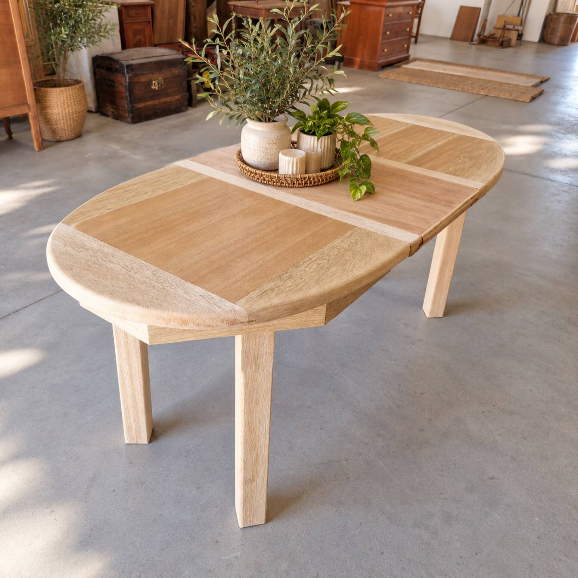 Oval wooden table – 2 extensions – sandblasted & varnished