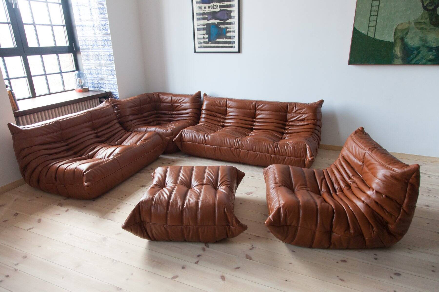 Cognac  brown leather Togo living room set, set of 5