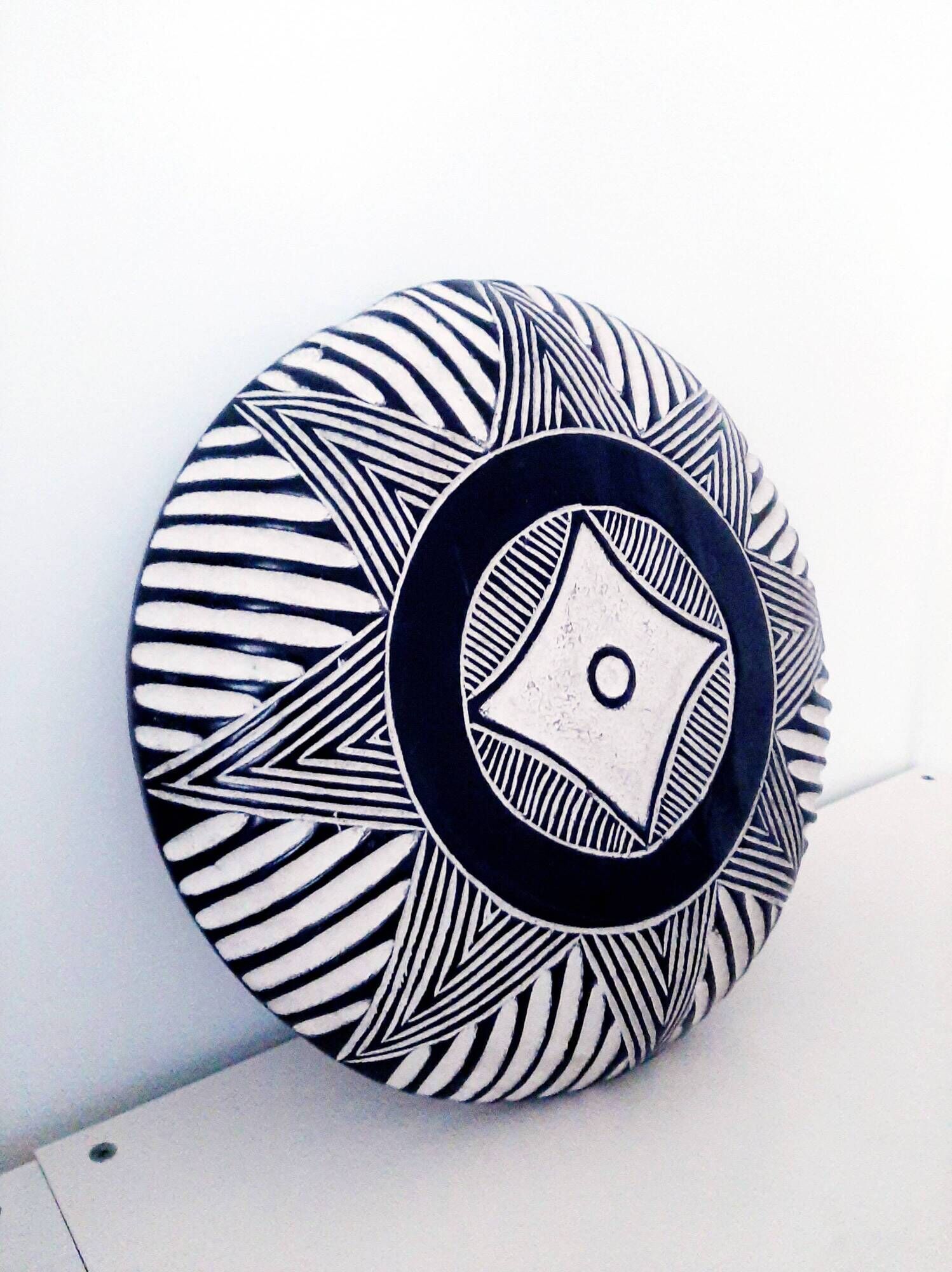 Traditional African tribal shield Bamileke round, wooden, black white wall decoration