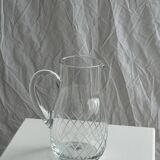 Glass carafe with handle with etched geometric grid pattern