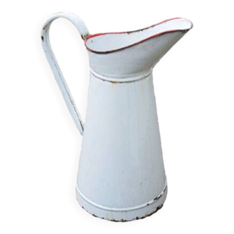 Old Large Jug in White Enameled Sheet Metal