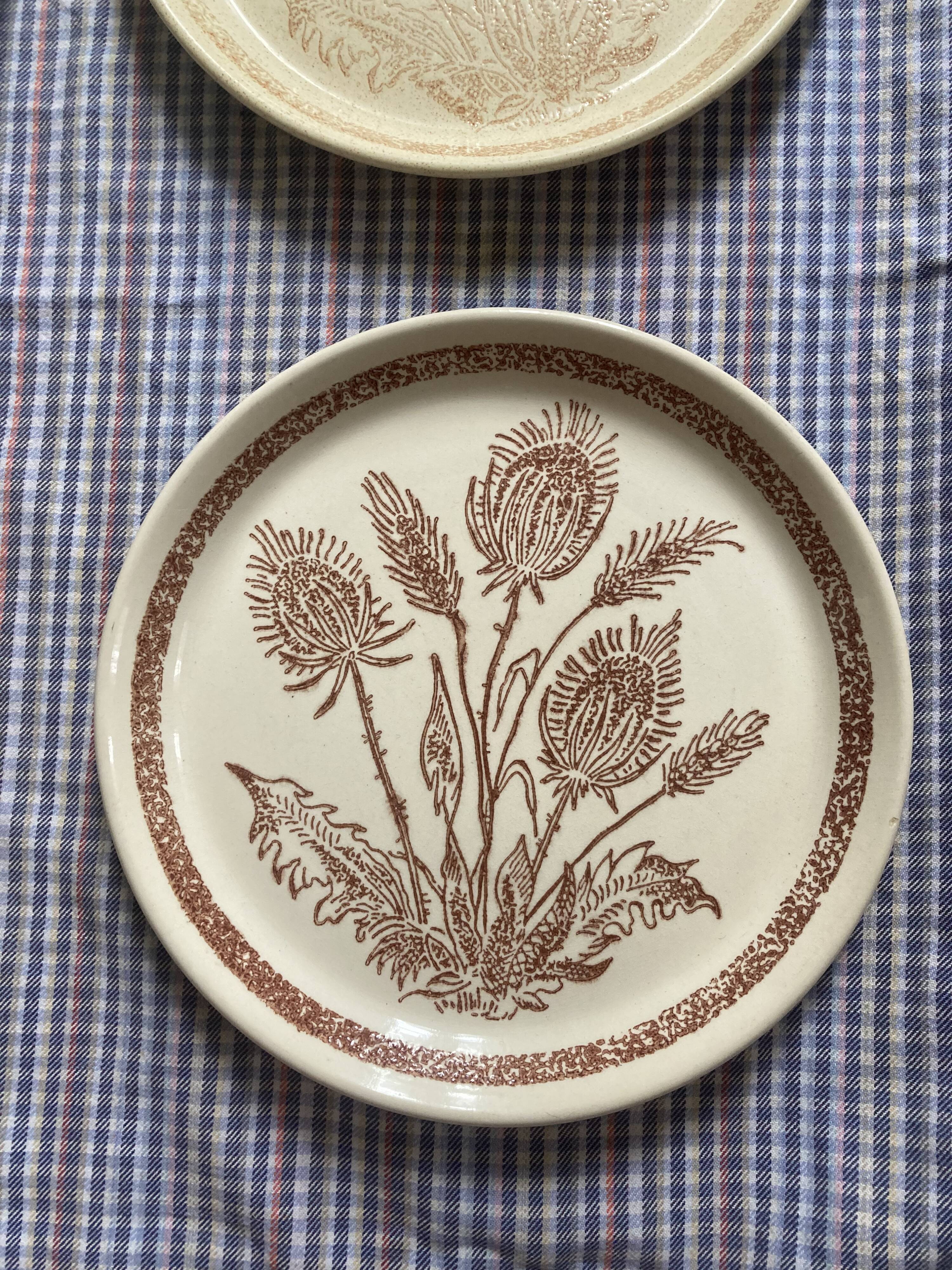 Flat stoneware plates decorated with vintage country flower 1960