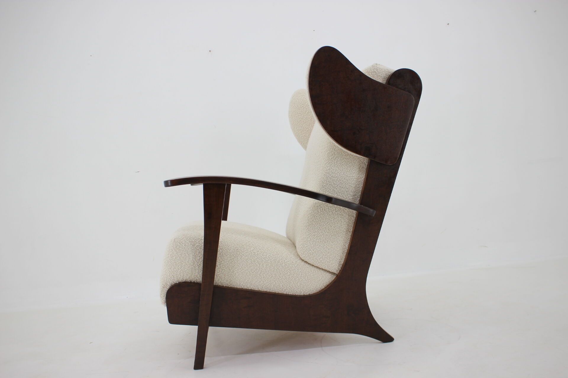 1940s large wing chair in wool boucle, restored
