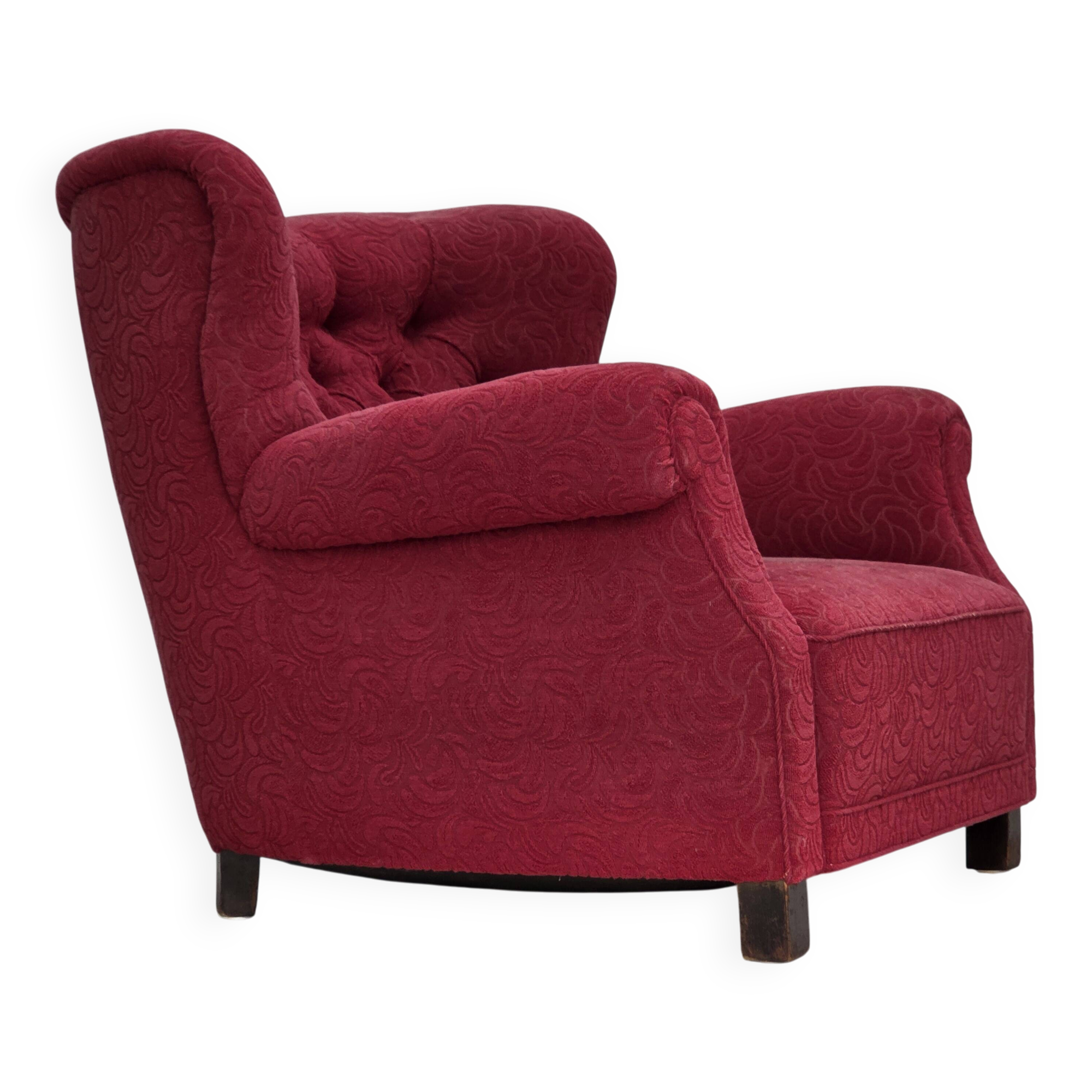 1950s, Danish relax armchair, red furniture fabric, ash wood legs.