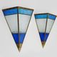 Pair of oriental triangle wall lights in copper and transparent and blue glass. 1970s